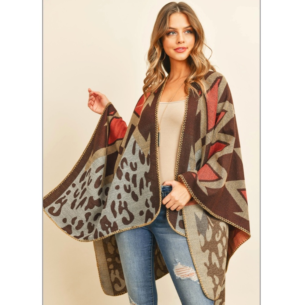 Chevron Leopard Print Sweater Open Front Poncho - image 4